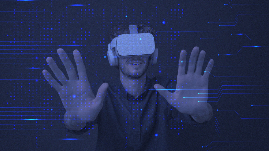 Entertainment technology VR background in blue circuit lines remixed media