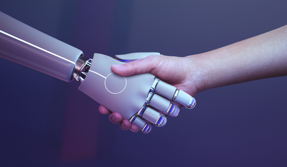 Robot handshake human background, futuristic digital age